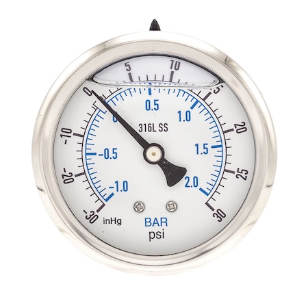 Pic Gauges 2 1/2 in Dial, 1/4 in NPT Male Center Back Location, Stainless Steel Case Material PRO-302L-254CC-01